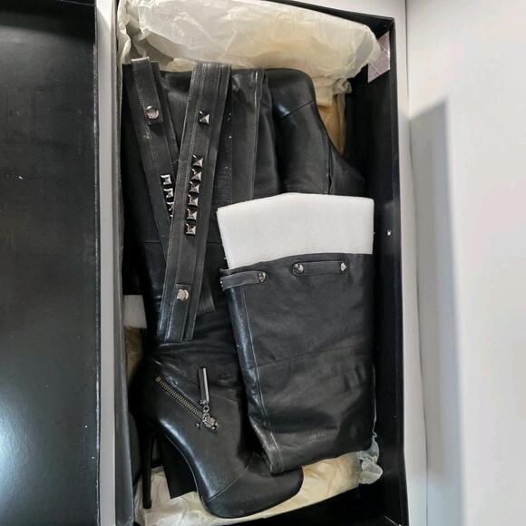 Report Signature Kane Thigh High Over The Knee Black Leather Studded Boots - Picture 1 of 9